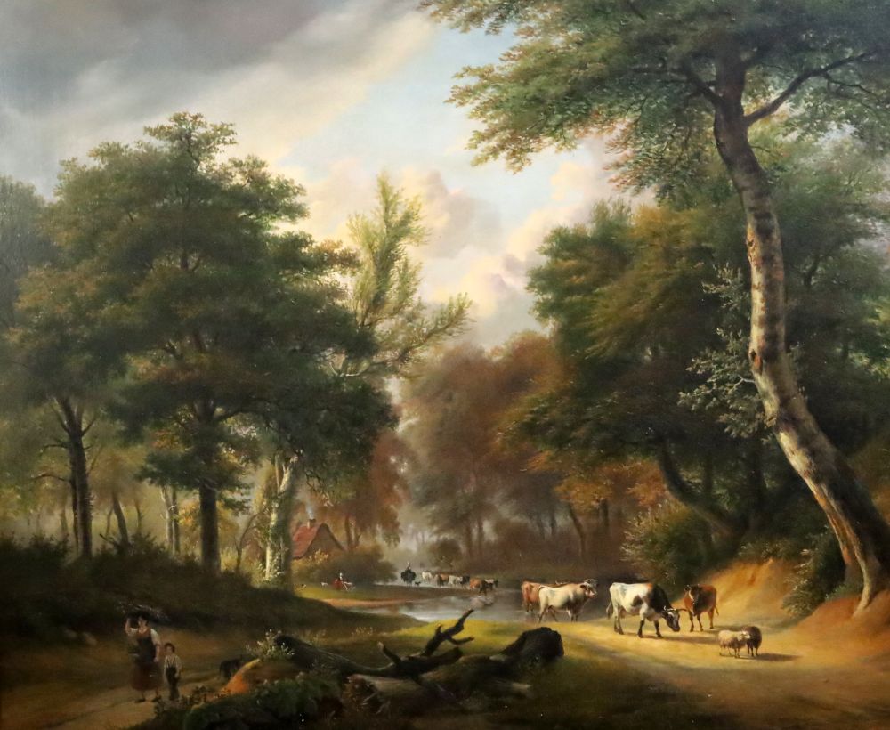 Attributed to Jan Baptiste de Jonghe (1785-1824), oil on canvas, Cattle in a wooded landscape, 72 x 86cm